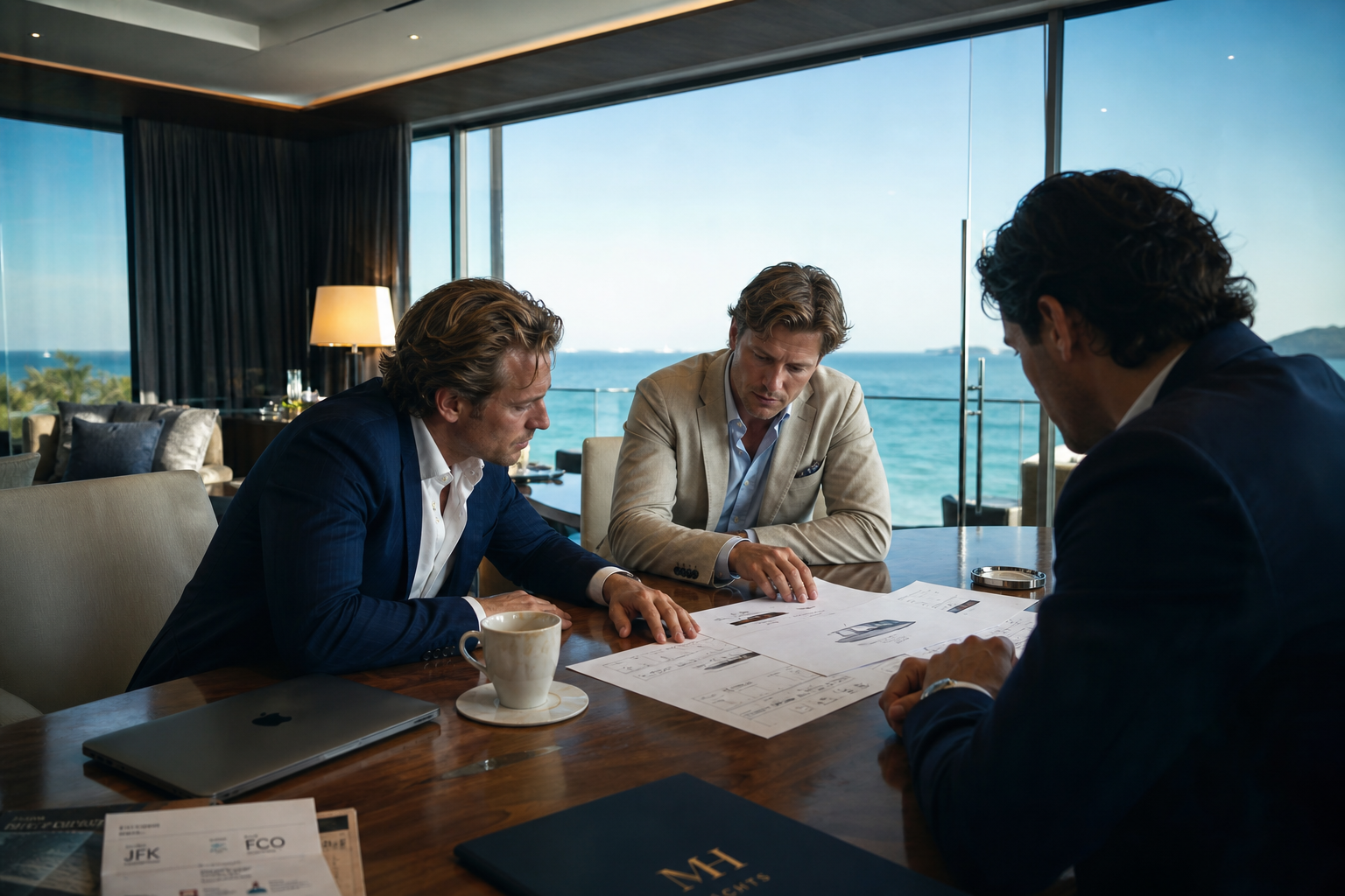 Three men in suits review design plans at a table in a beachfront office with large windows and ocean views.