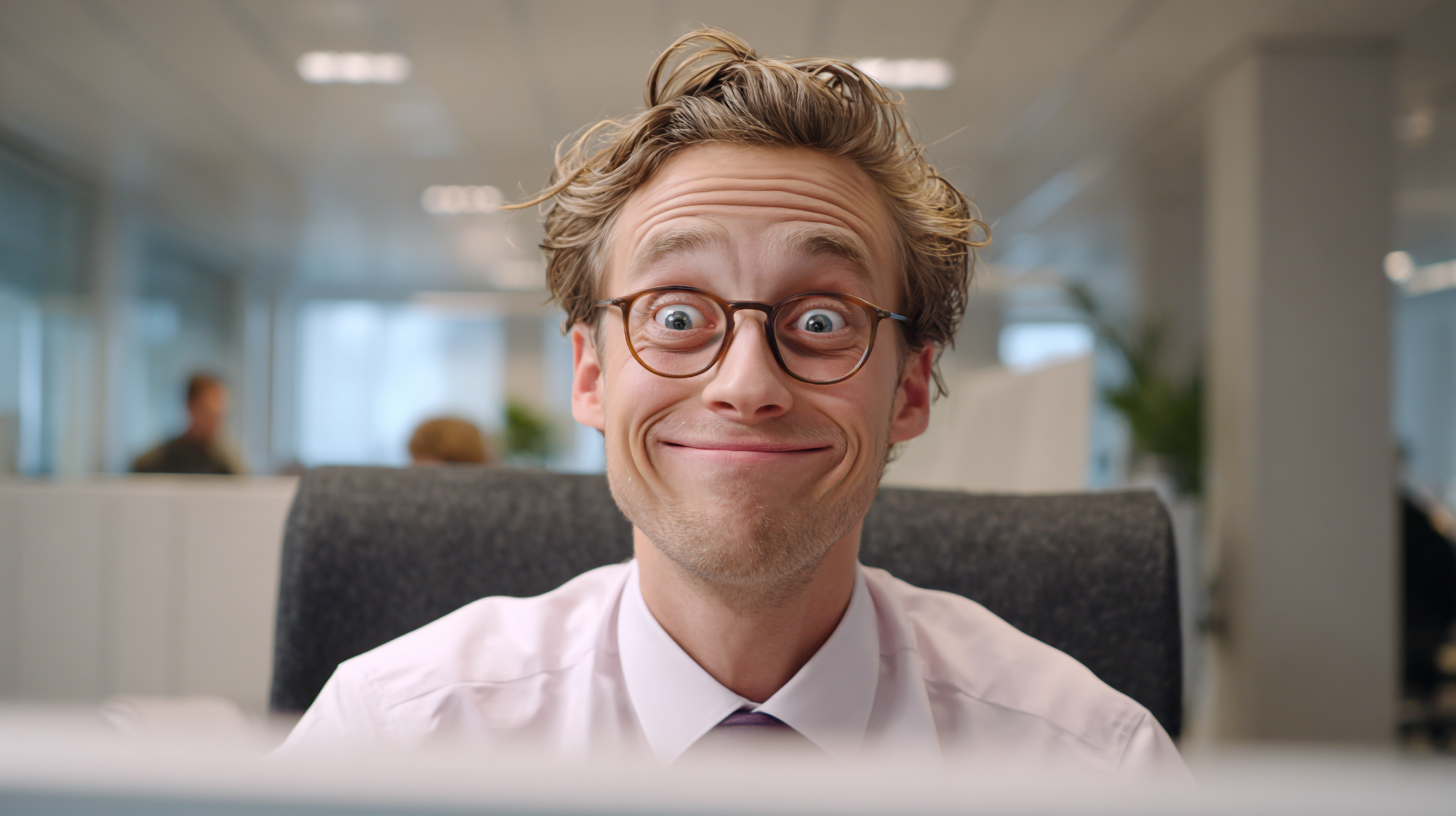 Man with round glasses making a wide-eyed, exaggerated smile while seated in a modern office.
