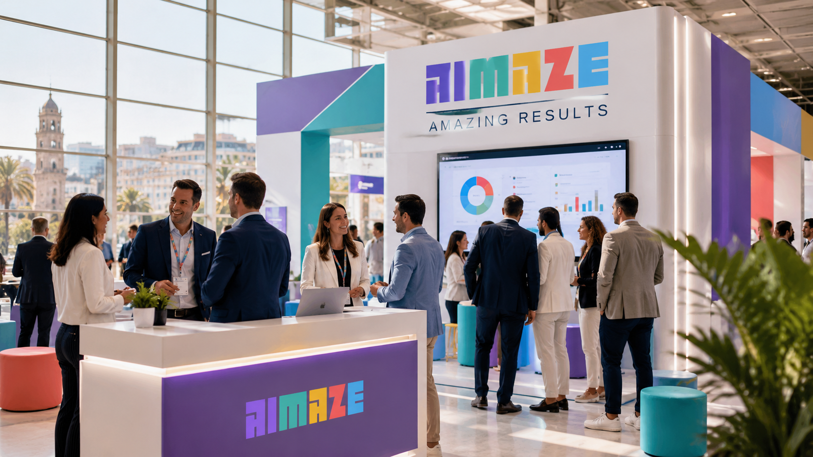 AIMAZE beursstand met kleurrijk logo en slogan 'Amazing Results', zakelijke professionals in gesprek bij een balie met groot scherm met grafieken op de achtergrond