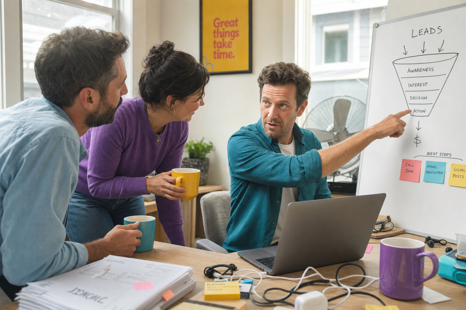 Drie collega’s bespreken op kantoor een leadsfunnel op een whiteboard naast een laptop en koffiemokken.