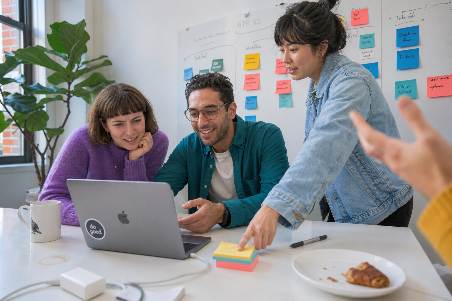 Drie collega’s overleggen rond een laptop in een kantoor met post-its op een whiteboard.