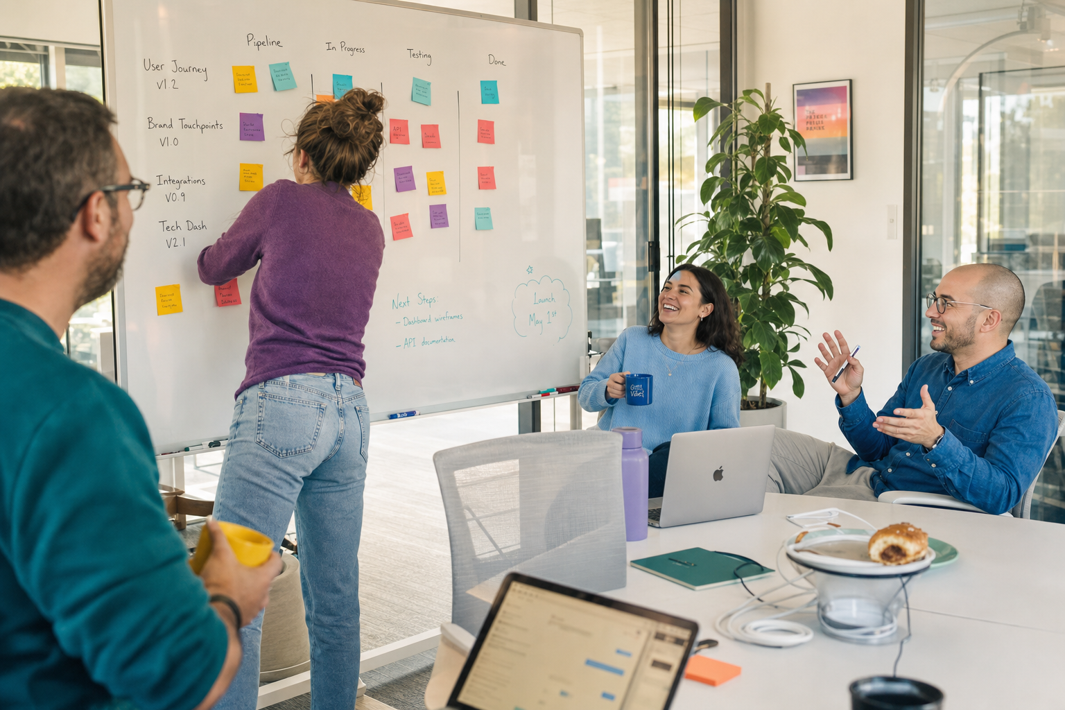 Teamoverleg op kantoor rond een whiteboard met post-its, laptops en koffiekopjes tijdens een planningssessie.