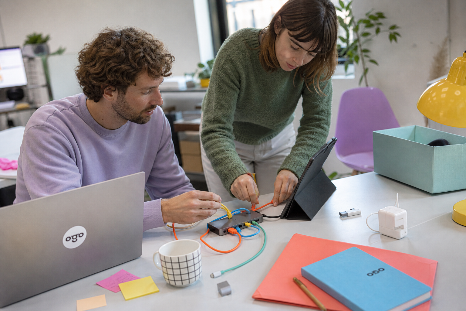 Twee collega’s werken samen aan een tablet en kabelhub aan een bureau in een modern kantoor.