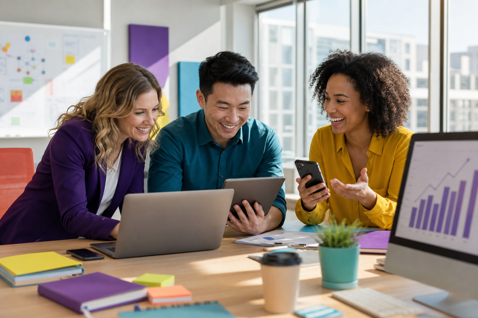 Drie collega’s kijken lachend naar een laptop, tablet en smartphone in een modern kantoor.