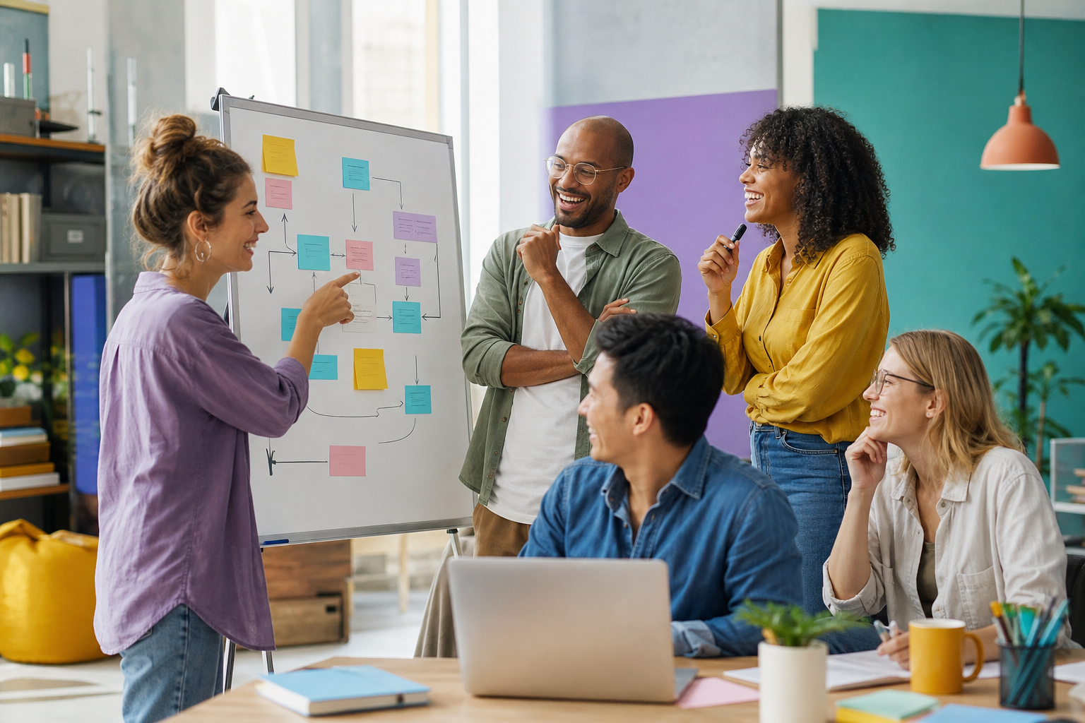 Vijf collega’s bespreken ideeën rond een whiteboard met sticky notes in een lichte, kleurrijke kantoorruimte.