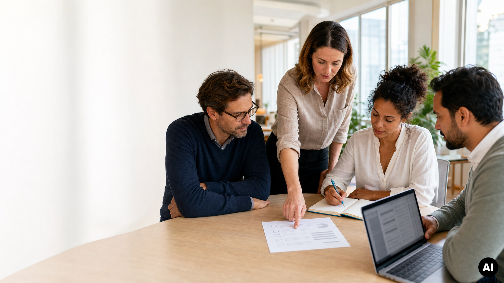 Vier collega's bespreken een checklist en notities aan een vergadertafel, met een laptop op de voorgrond.