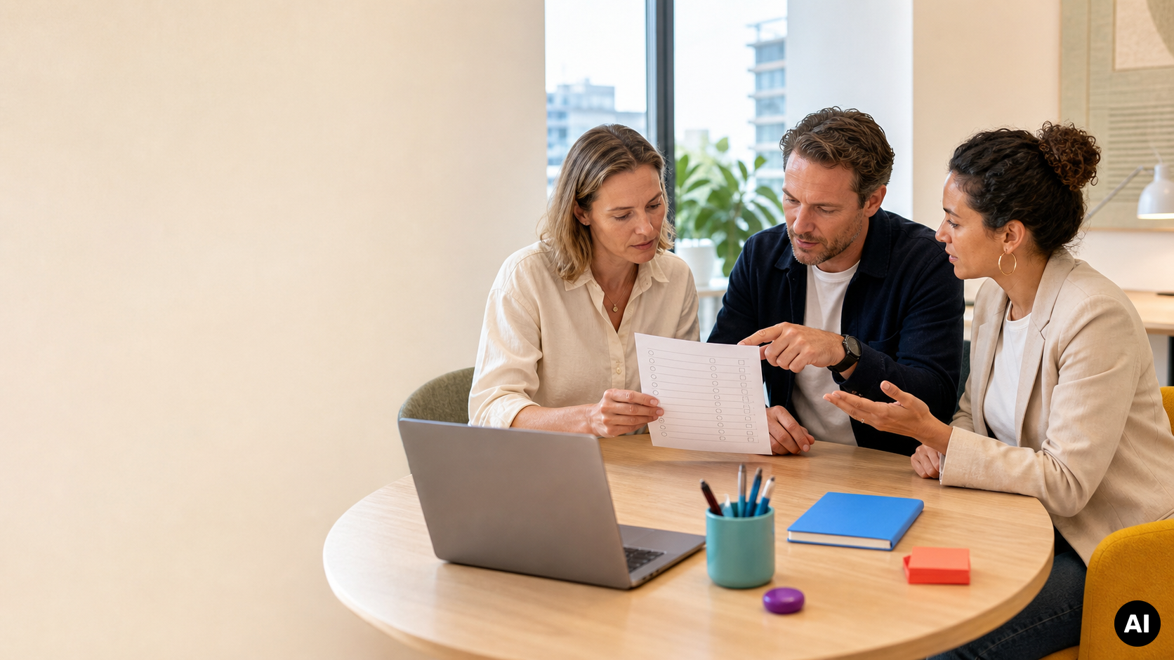 Drie professionals bespreken een checklist aan een ronde tafel met een laptop, notitieboek en pennenbakje in een kantoor.