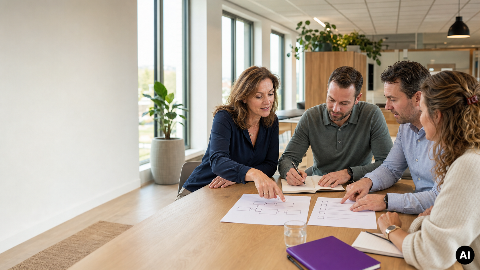 Vier collega's bespreken een stroomschema en checklist aan een vergadertafel in een modern kantoor.