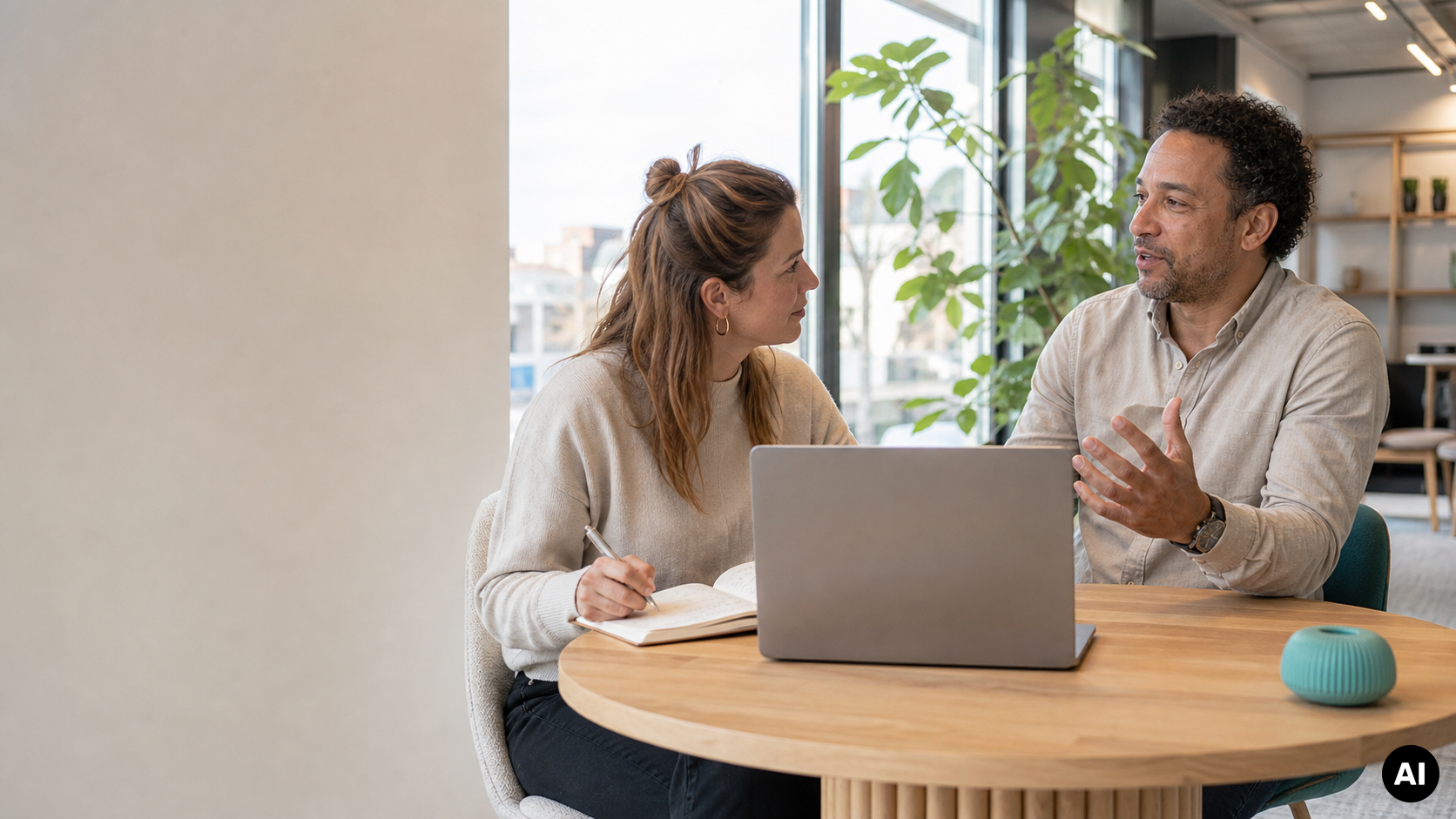 Twee professionals voeren een klantinterview aan een ronde tafel; een vrouw maakt aantekeningen terwijl een man spreekt naast een laptop.
