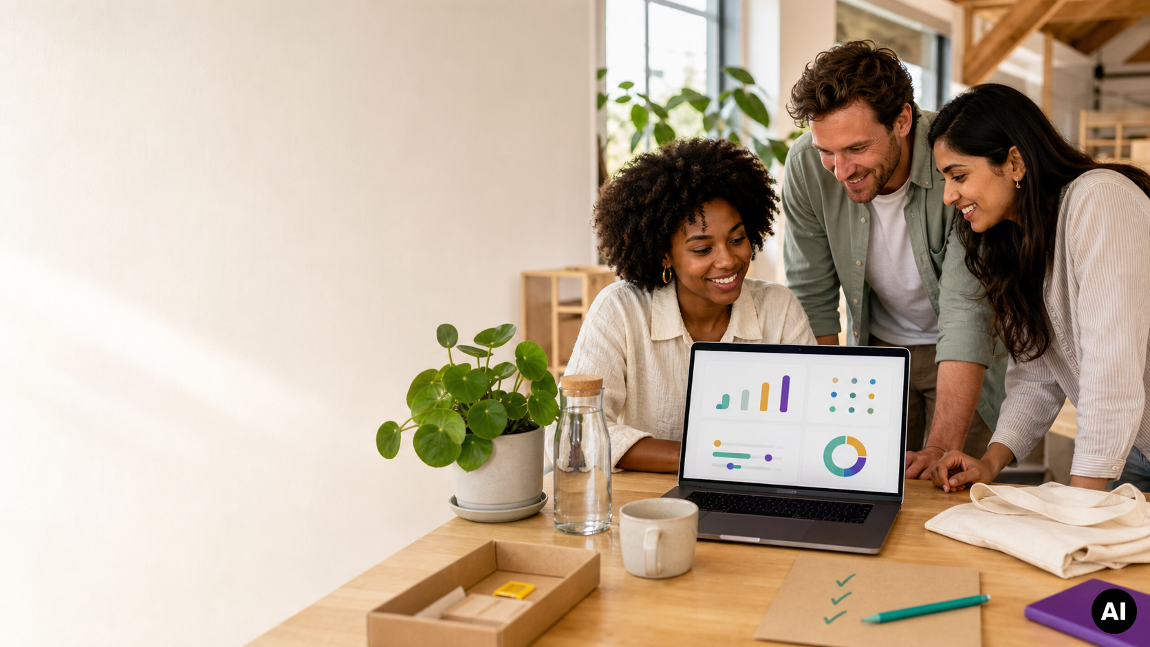 Drie collega's bekijken samen een dashboard op een laptop aan een houten tafel met een kamerplant, herbruikbare fles en kartonnen verpakking.