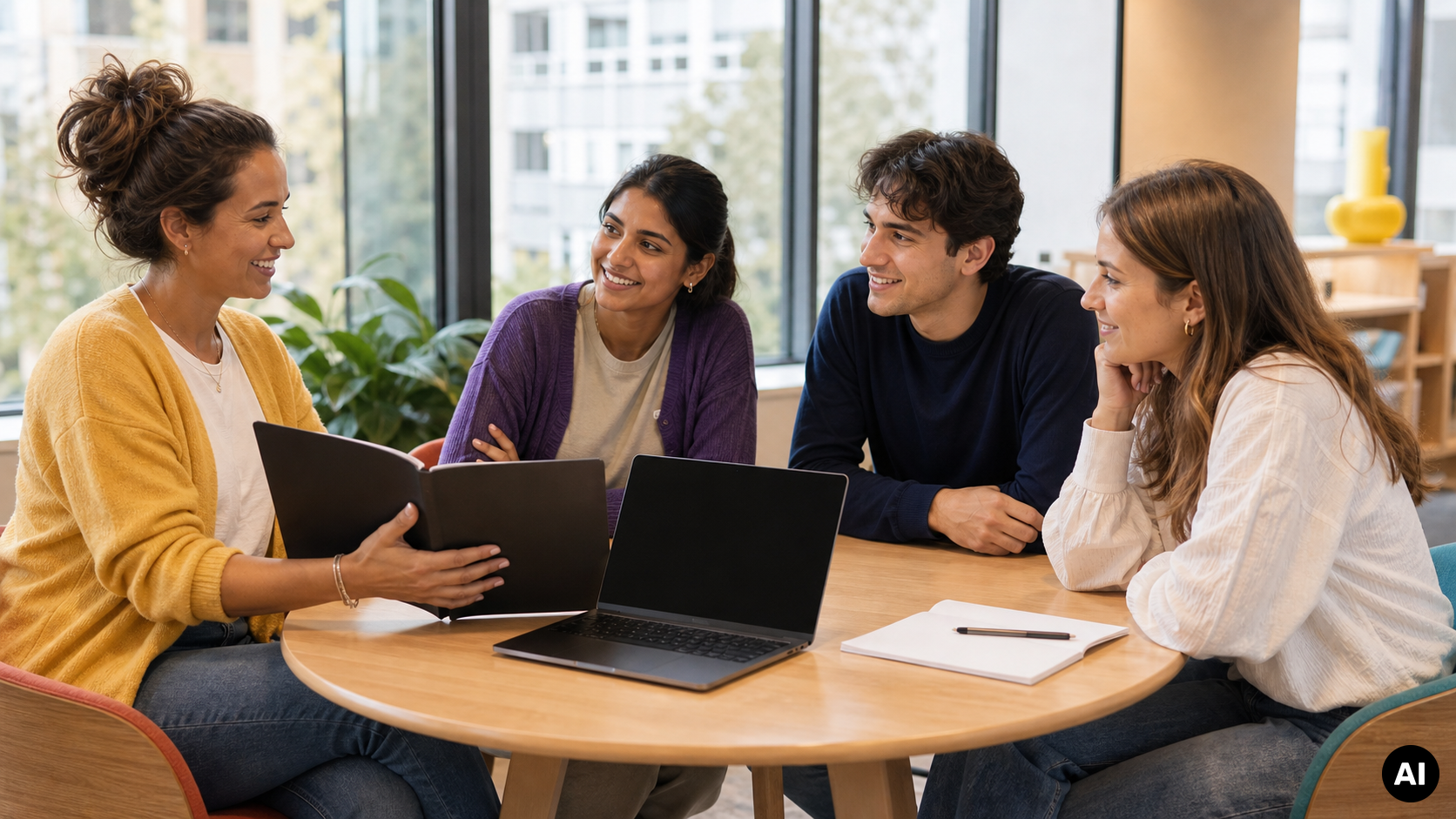 Begeleider in gesprek met drie studenten aan een ronde tafel met laptops in een lichte kantoorruimte.