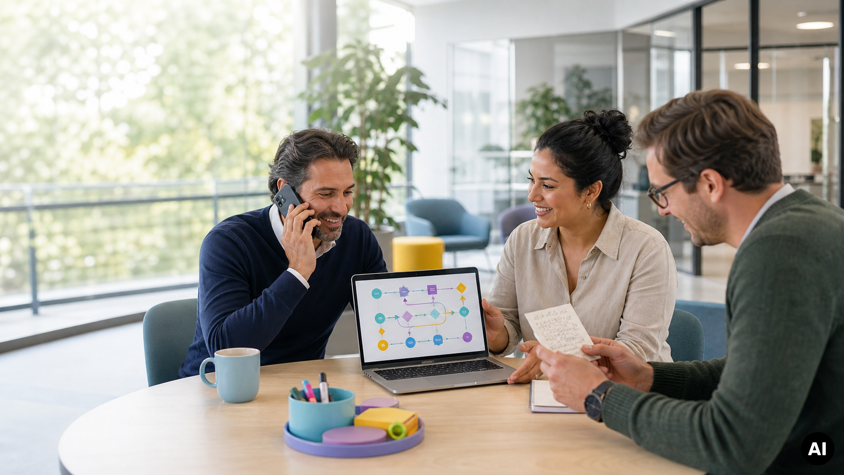 Drie collega's bespreken een klantreisdiagram op een laptop; één man voert een telefoongesprek terwijl een andere collega notities vasthoudt.
