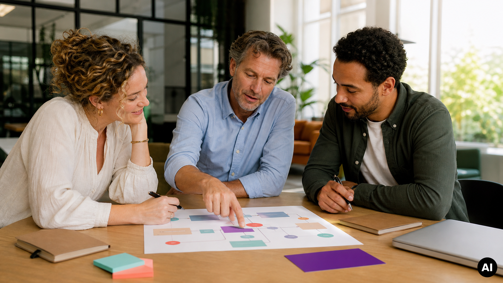 Drie collega's bespreken een stroomschema op tafel tijdens een overleg in een kantoor.