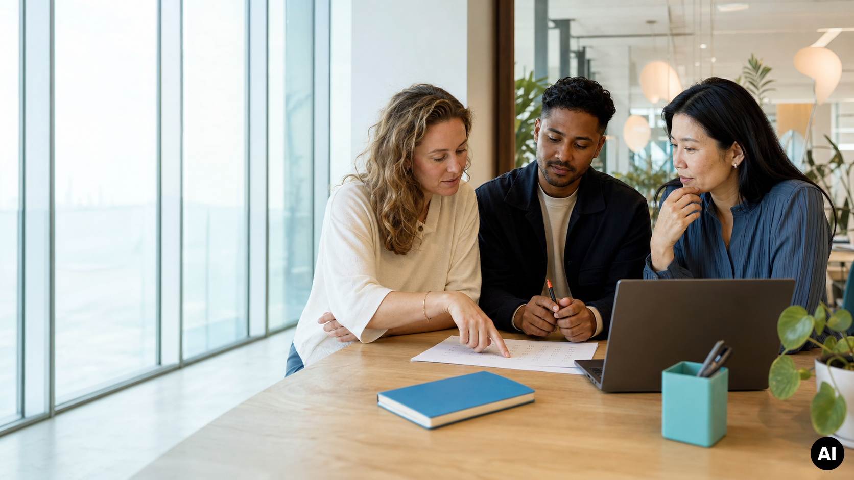 Drie collega's bekijken samen een document en laptop tijdens een overleg aan een houten tafel op kantoor.