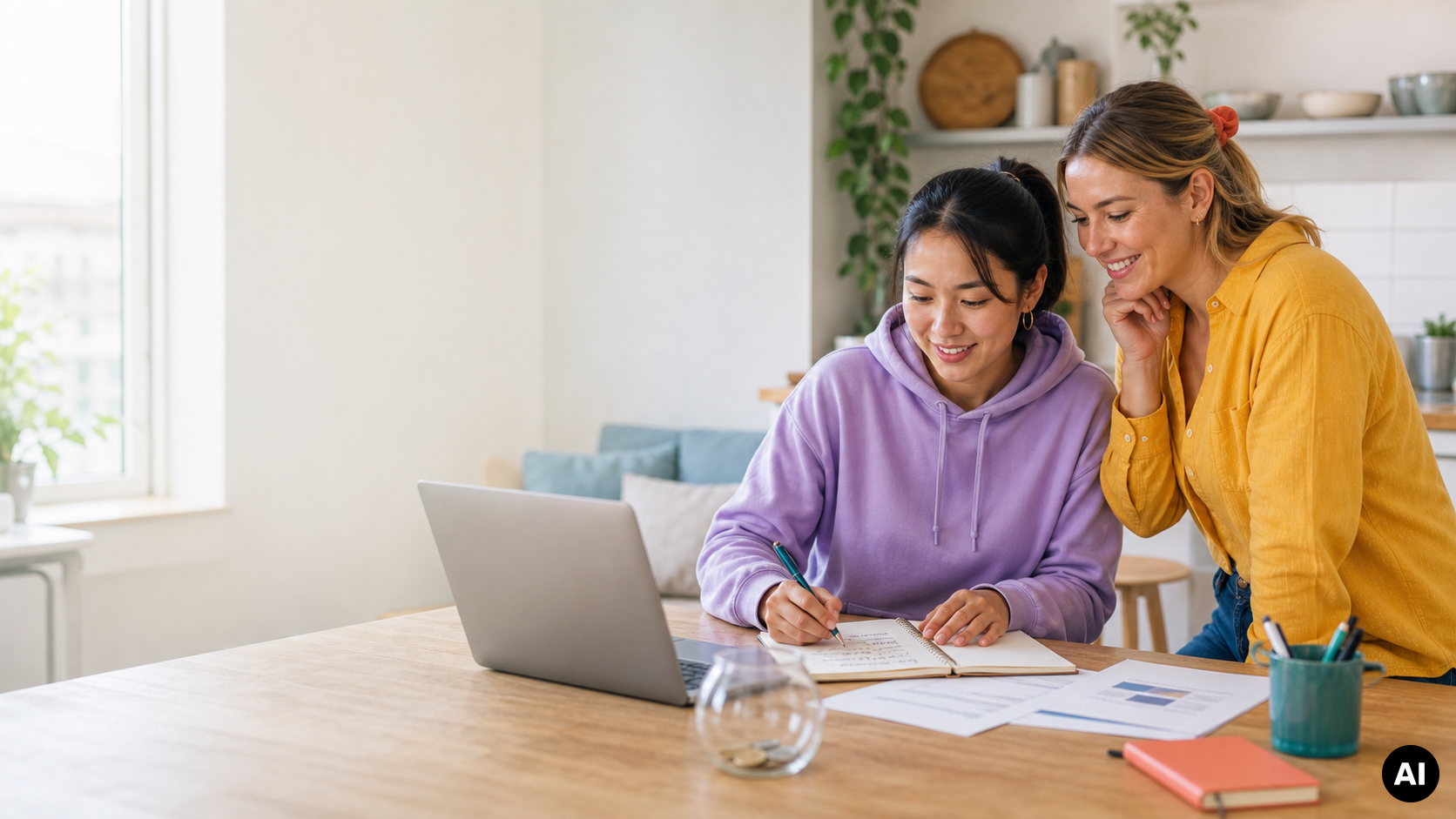 Twee vrouwen maken aan de keukentafel een budget met een laptop, notitieboek en financiële overzichten.