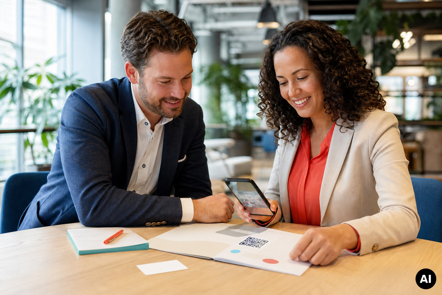 Twee zakenprofessionals bekijken aan tafel een brochure met QR-code terwijl een vrouw haar smartphone erbij houdt.