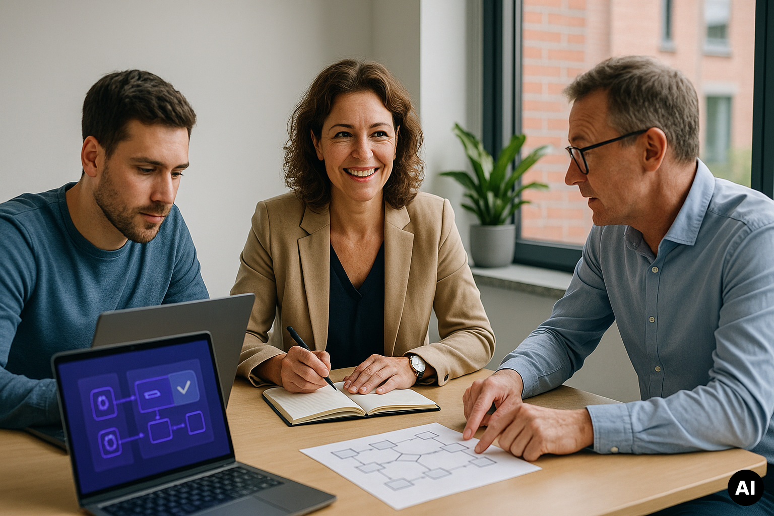 Drie professionals bespreken een workflow aan tafel, met laptops, notities en een stroomschema.
