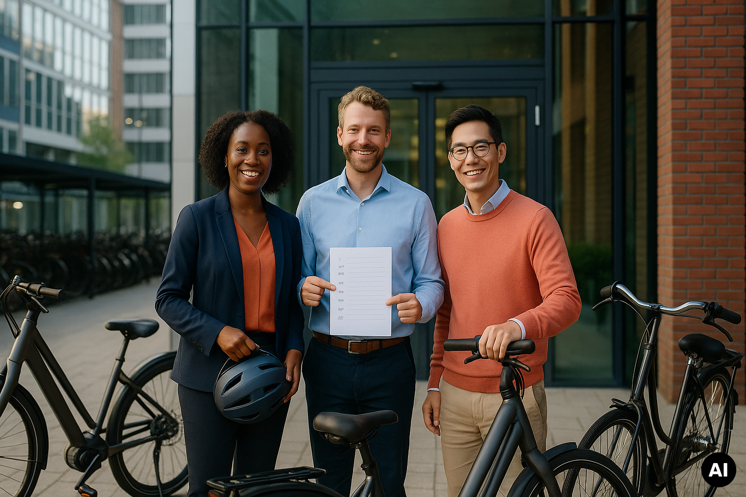 Drie glimlachende collega's staan met fietsen voor een kantoorgebouw; de man in het midden houdt een document met afspraken vast.