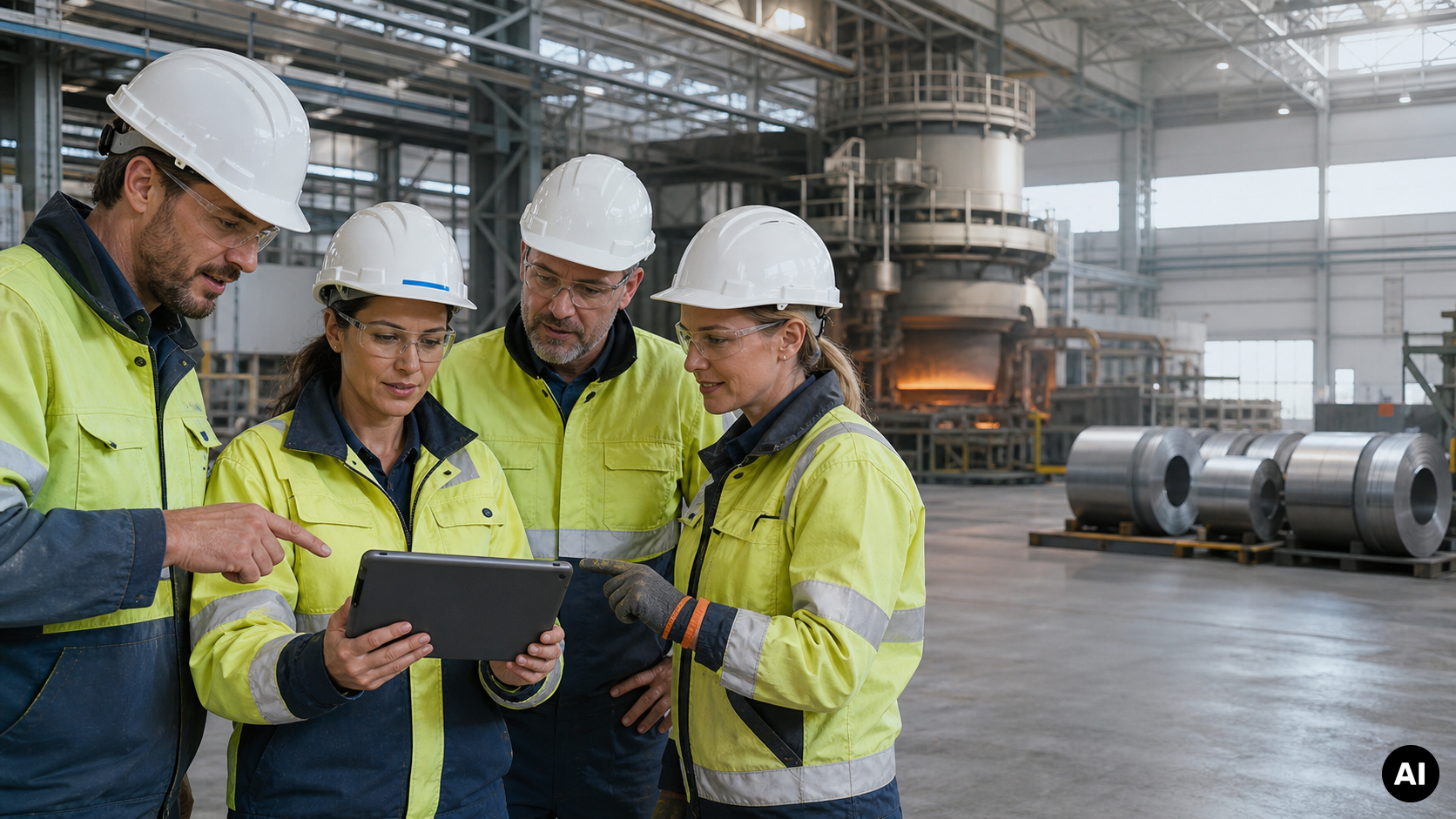 Vier medewerkers in veiligheidskleding bekijken samen een tablet in een staalfabriek, met een gloeiende installatie en stalen rollen op de achtergrond.
