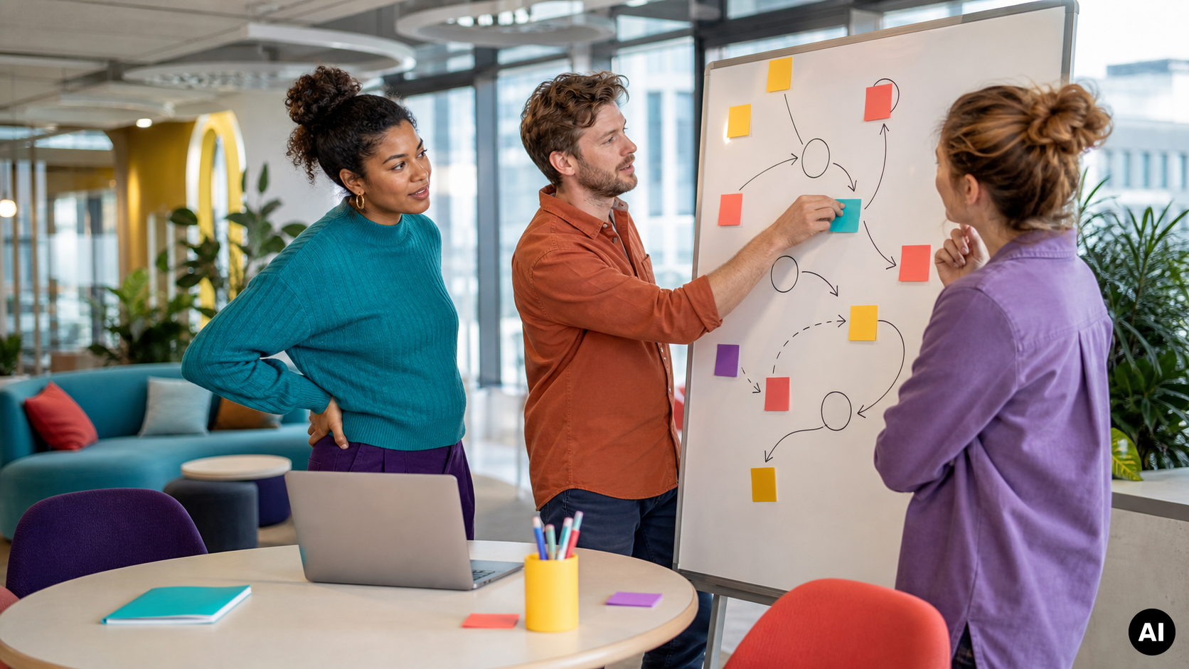 Drie collega's bespreken een strategie op een whiteboard met pijlen en kleurrijke memoblaadjes in een modern kantoor.